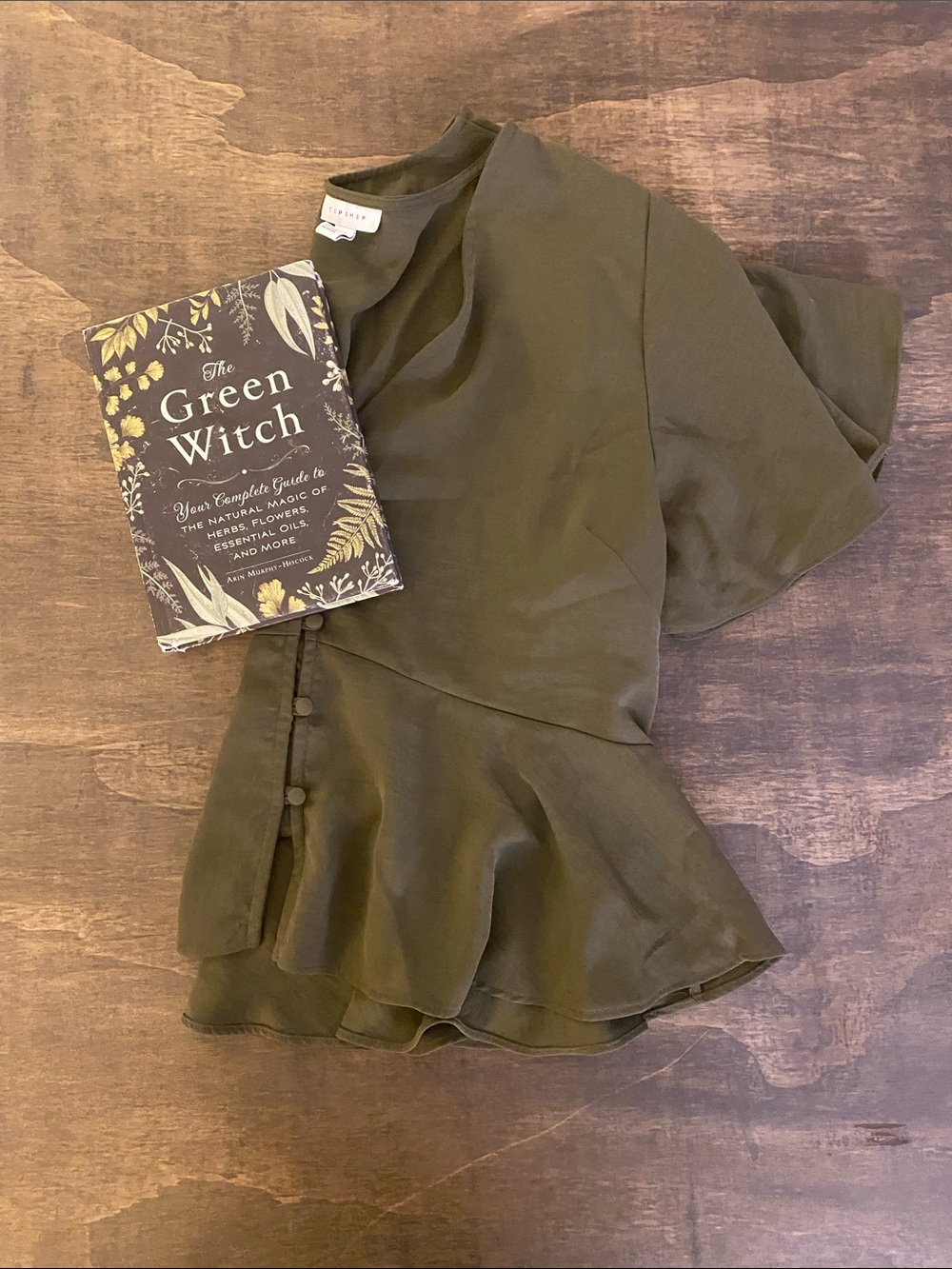 Top Shop Olive Green Peplum Satin Button Front Top